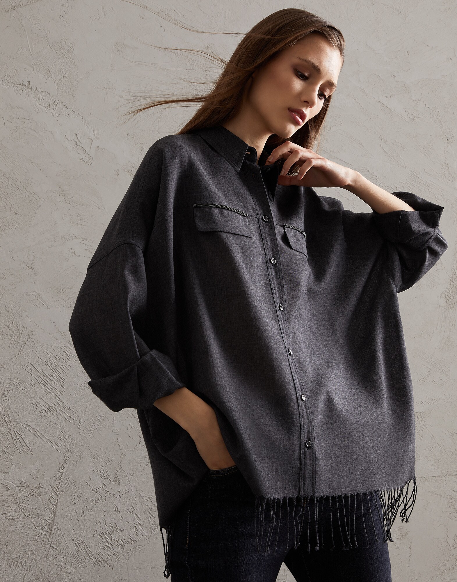 Shirt with monili Dark Grey Woman - Brunello Cucinelli