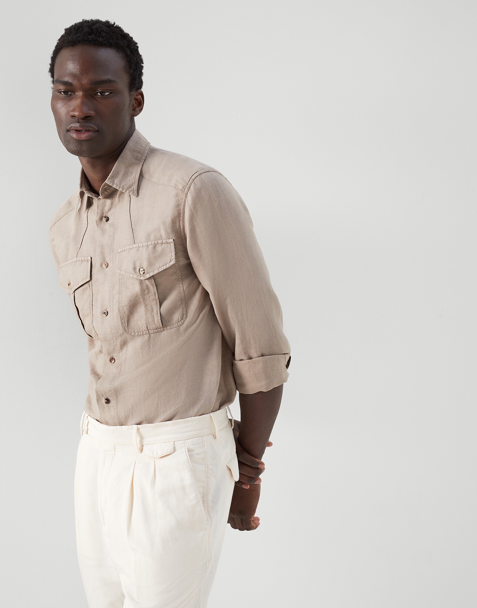 Рубашка из ткани Пинпойнт Табачный Мужчина - Brunello Cucinelli