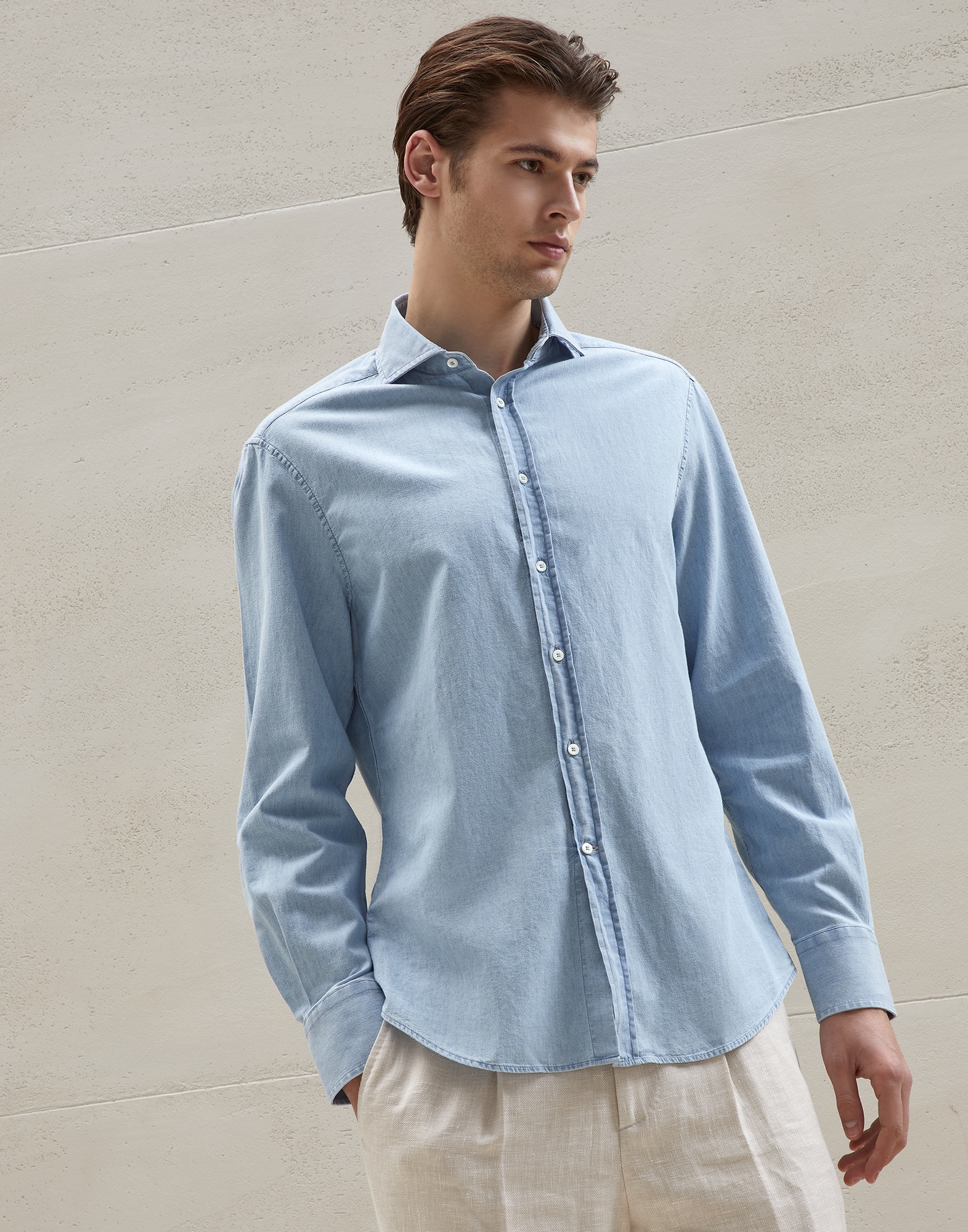 Brunello Cucinelli 100% Cotton Long Sleeve Blue Dress Shirt SIZE M NEW S61 
