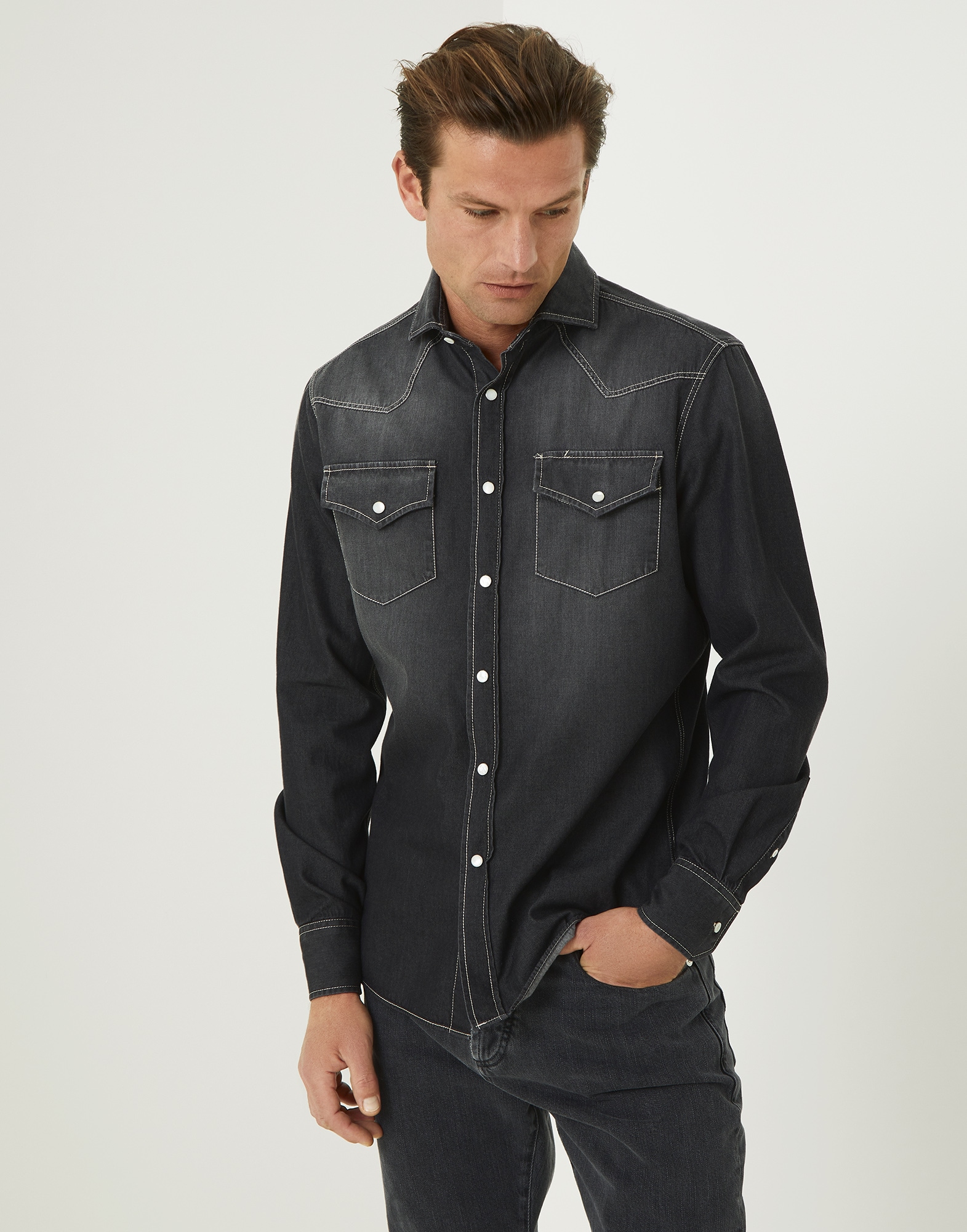 grey denim shirt combination