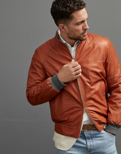 Grained leather bomber jacket Orange Man - Brunello Cucinelli 