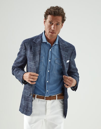 Wool, silk and linen tartan diagonal deconstructed blazer Cobalt Man - Brunello Cucinelli 