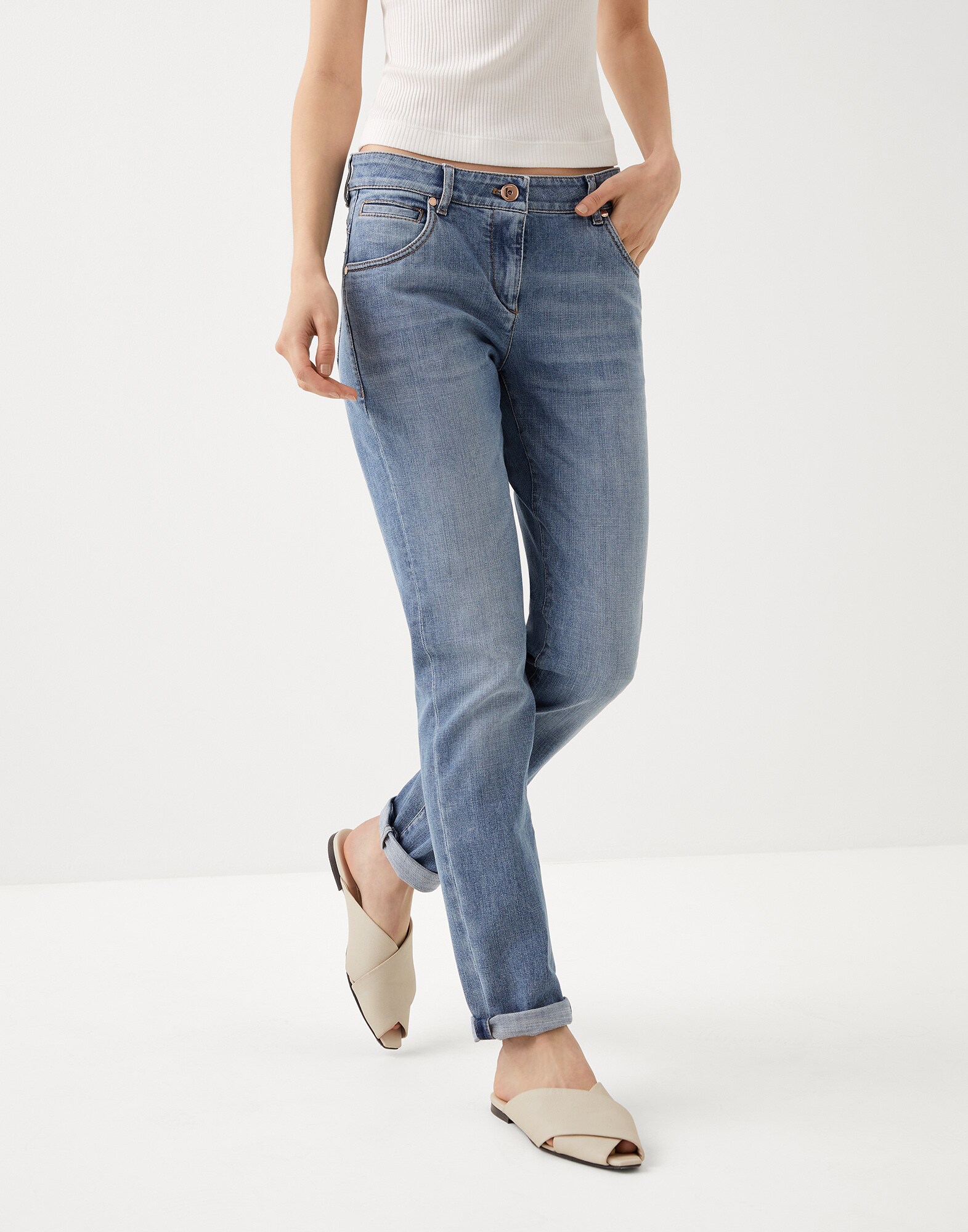 Pantalón cinco bolsillos corte ajustado Denim Claro Mujer - Brunello Cucinelli