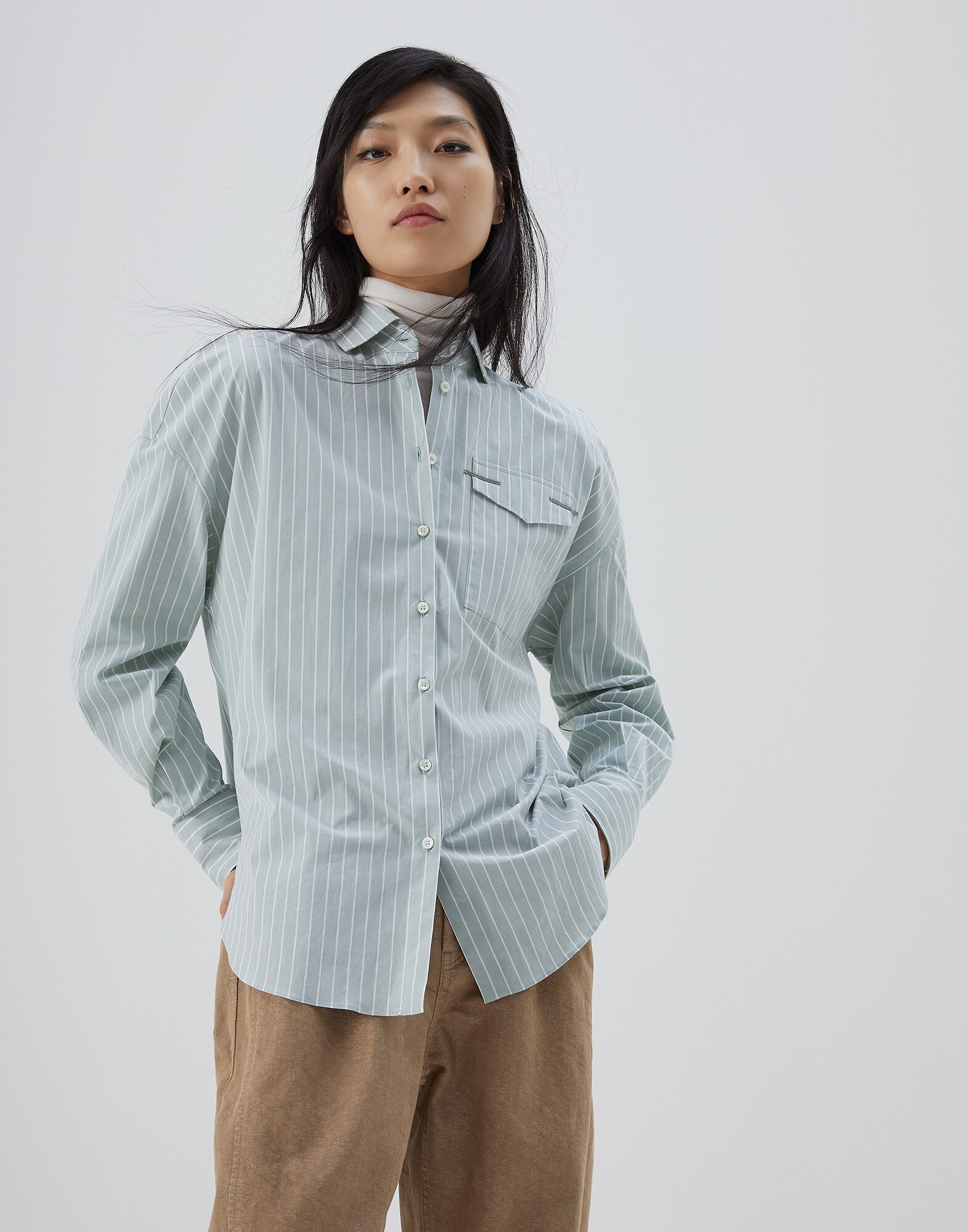 Baumwollhemd Salbei Damen 1 - Brunello Cucinelli